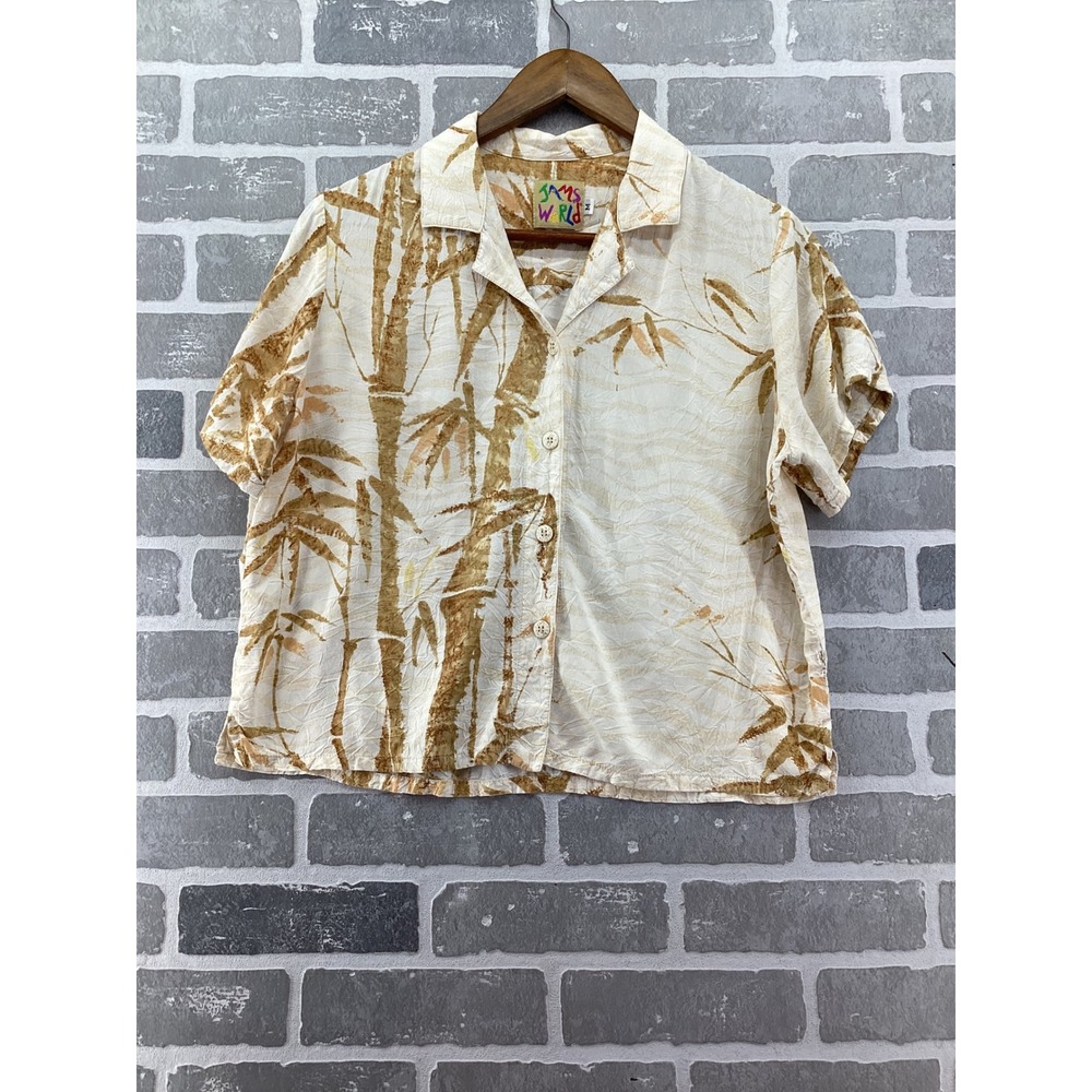 Jams World Bamboo Print Crinkle Button Down Shirt Tan Brown Womens Medium